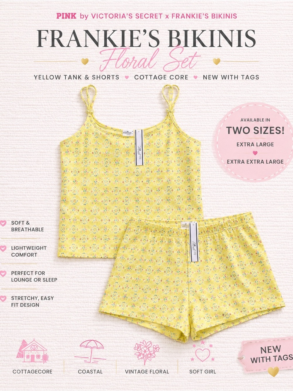 Frankie’s Bikinis Pink Floral Set Yellow Tank Shorts XL Cottage Core
Set